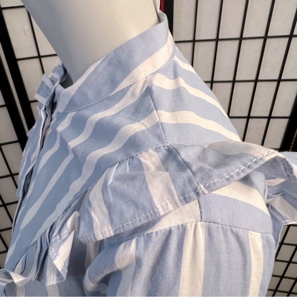 Popsugar Blue Striped Ruffled Top With Moto Collar And Tie - Picture 7 of 13